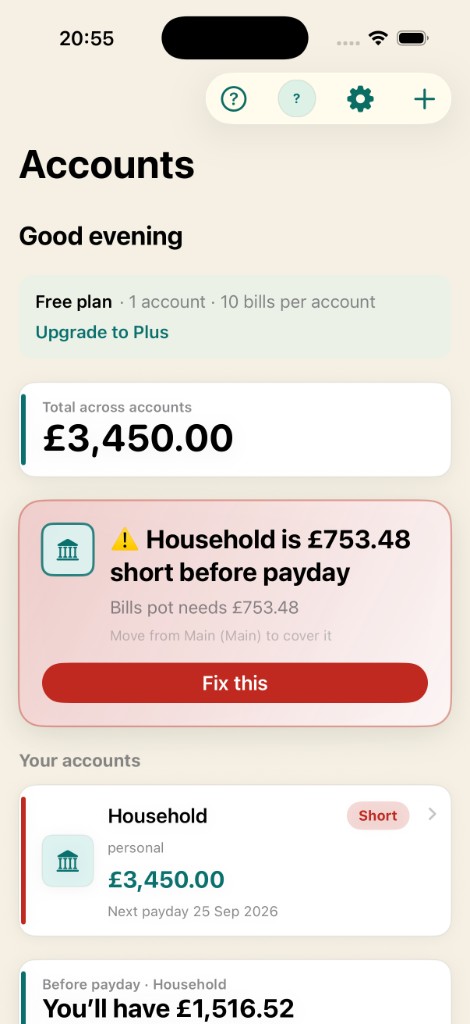 Accounts overview with free plan and household balance
