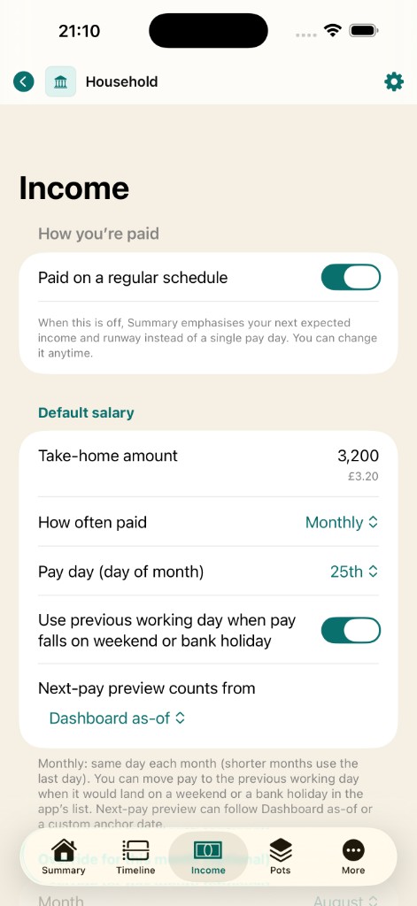 Income settings for salary and pay day