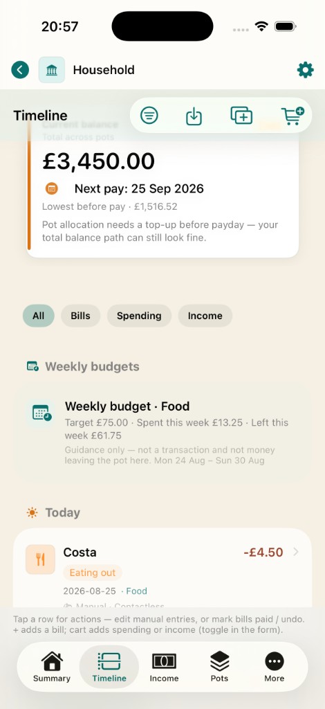 Timeline with bills, spending, and salary